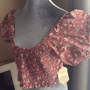 Floral Puff Sleeve Smocked Top with Sexy strap back